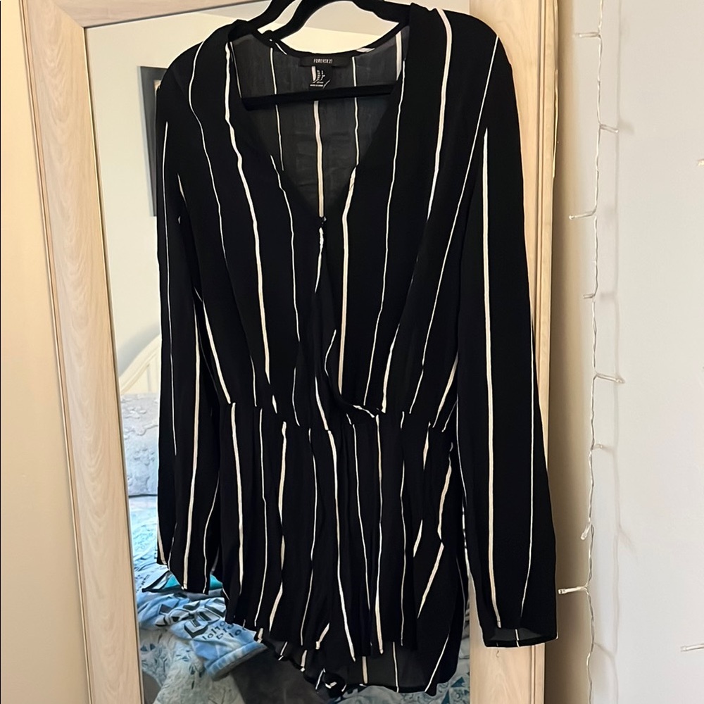 Black & White Striped Long Sleeve Romper